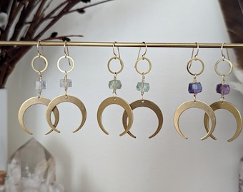 Brass crescent moons with clear quartz or fluorite