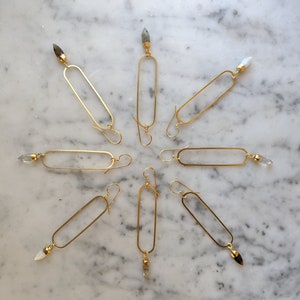 Long brass oval earrings with gemstone points - labradorite, smoky quartz, clear quartz, moonstone - EB003 image 3