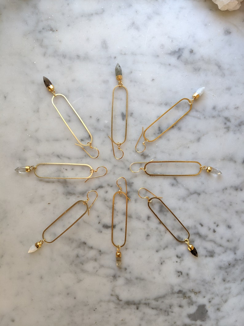 Long brass oval earrings with gemstone points - labradorite, smoky quartz, clear quartz, moonstone - EB003 image 3