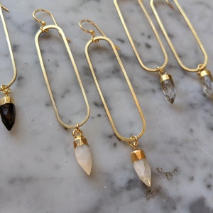Long brass oval earrings with gemstone points - labradorite, smoky quartz, clear quartz, moonstone - EB003 image 9
