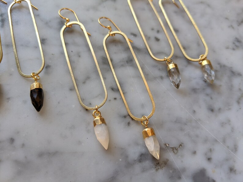 Long brass oval earrings with gemstone points - labradorite, smoky quartz, clear quartz, moonstone - EB003 image 9