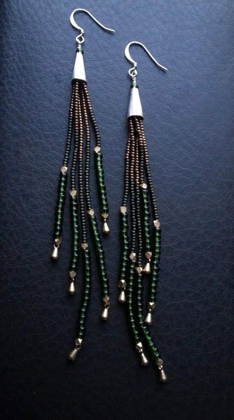 Long Seed Bead Fringe Earrings With Green Olive Silver and | Etsy