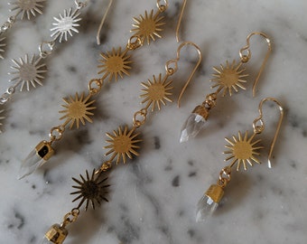Sunburst earrings in gold brass or silver with clear quartz crystal points - BE03
