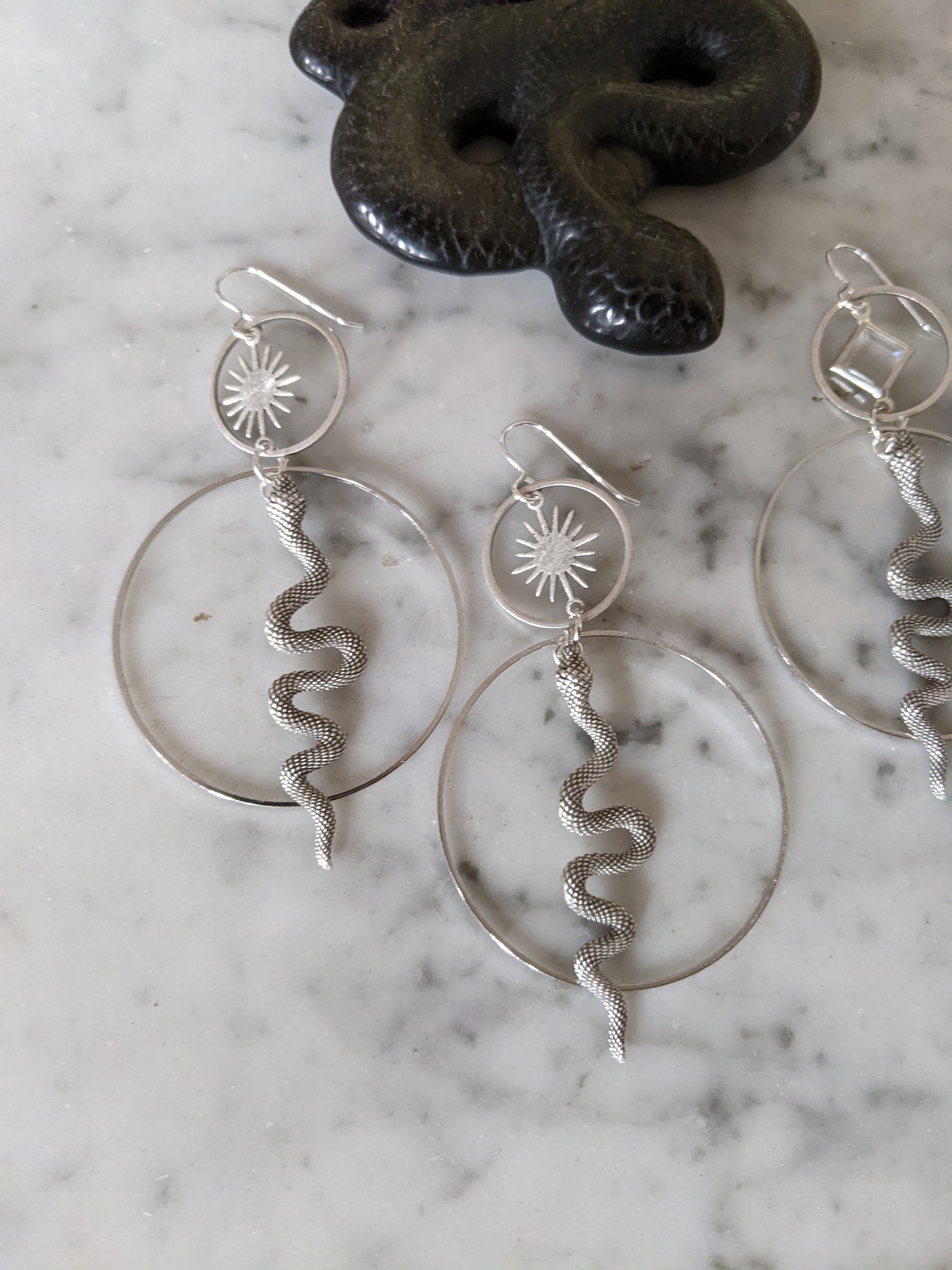 Silver Snake Dangle Earrings With Sunbursts or Vintage Clear