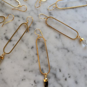 Long brass oval earrings with gemstone points - labradorite, smoky quartz, clear quartz, moonstone - EB003 image 5