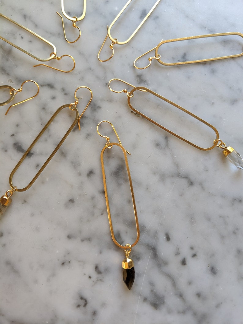 Long brass oval earrings with gemstone points - labradorite, smoky quartz, clear quartz, moonstone - EB003 image 5