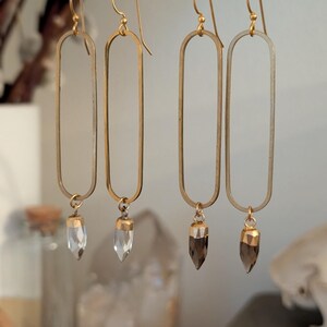 Long brass oval earrings with gemstone points - labradorite, smoky quartz, clear quartz, moonstone - EB003 image 2
