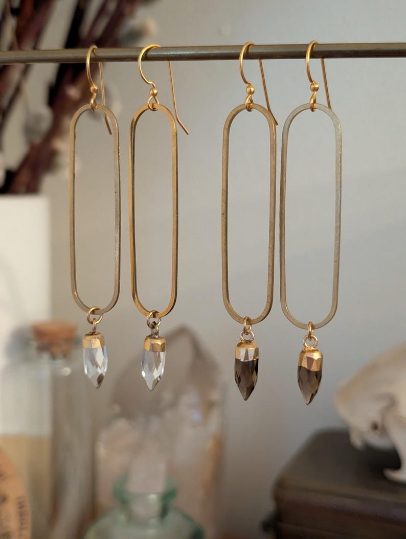 Long brass oval earrings with gemstone points - labradorite, smoky quartz, clear quartz, moonstone - EB003 image 2