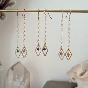 Delicate raw brass dangle earrings - lapis lazuli, smoky quartz, green onyx DRB01