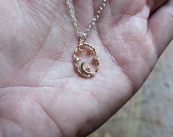 Celestial moon and stars pendant with crescent moon necklace and stars on gold or silver chain