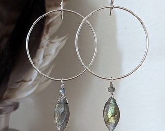 Sterling silver hoops with labradorite accents ES19