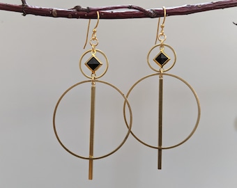 Geometric earrings - brass framed black lucite diamond, brass shapes with brass bar