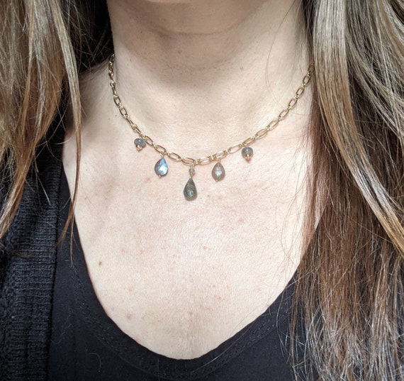 Luxe labradorite choker necklace on thick gold filled chain