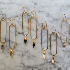 Long brass oval earrings with gemstone points - labradorite, smoky quartz, clear quartz, moonstone - EB003 image 7