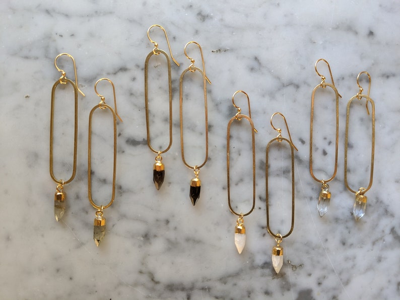 Long brass oval earrings with gemstone points - labradorite, smoky quartz, clear quartz, moonstone - EB003 image 7