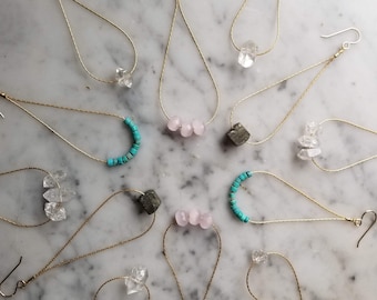 Gemstones on matte brass chain teardrops - herkimer diamond, rose quartz, turquoise, pyrite, double terminated quartz EBTQ01 EBH009