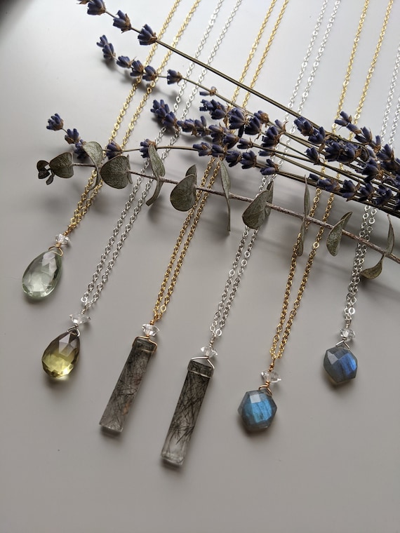 Herkimer Diamond Gemstone Necklace - Labradorite, Quartz, Amethyst