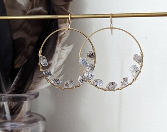 Pleiades - Seven Sisters - Large Herkimer diamond lined brass hoops