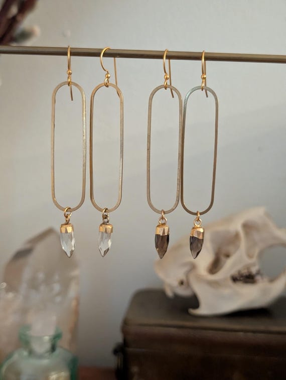 Long brass oval earrings with gemstone points - labradorite, smoky quartz, clear quartz, moonstone - EB003
