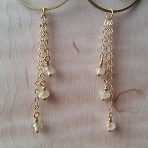 Golden rutilated quartz and brass statement earrings with chain fringe image 3