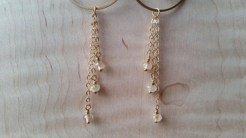 Golden rutilated quartz and brass statement earrings with chain fringe image 3