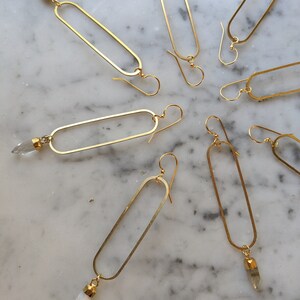Long brass oval earrings with gemstone points - labradorite, smoky quartz, clear quartz, moonstone - EB003 image 4