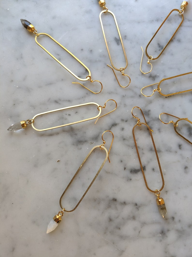 Long brass oval earrings with gemstone points - labradorite, smoky quartz, clear quartz, moonstone - EB003 image 4
