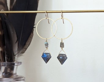 Small labradorite shield earrings on raw brass circles