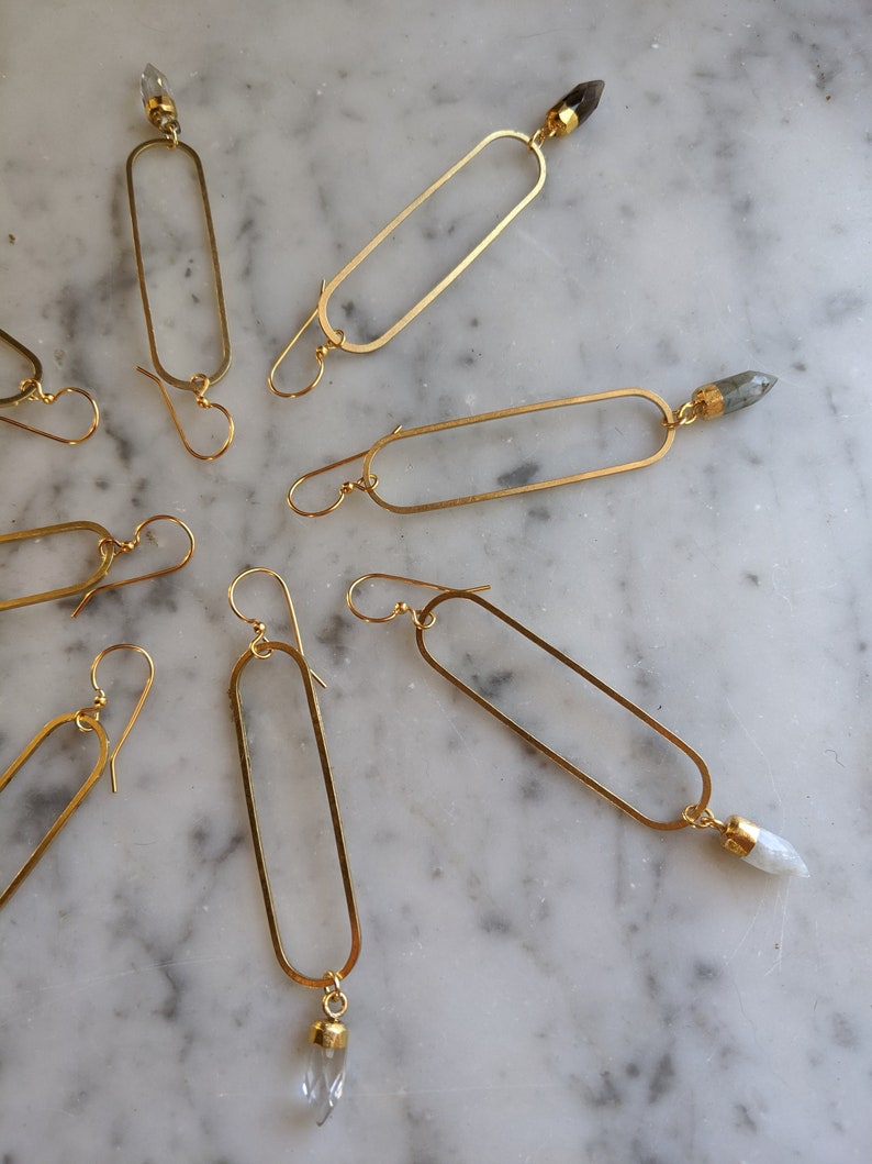 Long brass oval earrings with gemstone points - labradorite, smoky quartz, clear quartz, moonstone - EB003 image 6