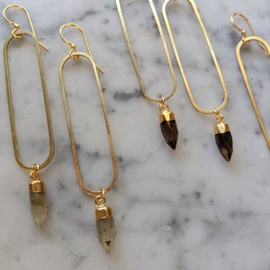 Long brass oval earrings with gemstone points - labradorite, smoky quartz, clear quartz, moonstone - EB003 image 8