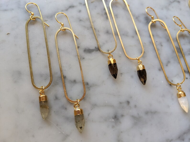 Long brass oval earrings with gemstone points - labradorite, smoky quartz, clear quartz, moonstone - EB003 image 8