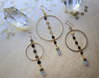 Moonstone points on brass diamond chain in brass hoops - 3 sizes available