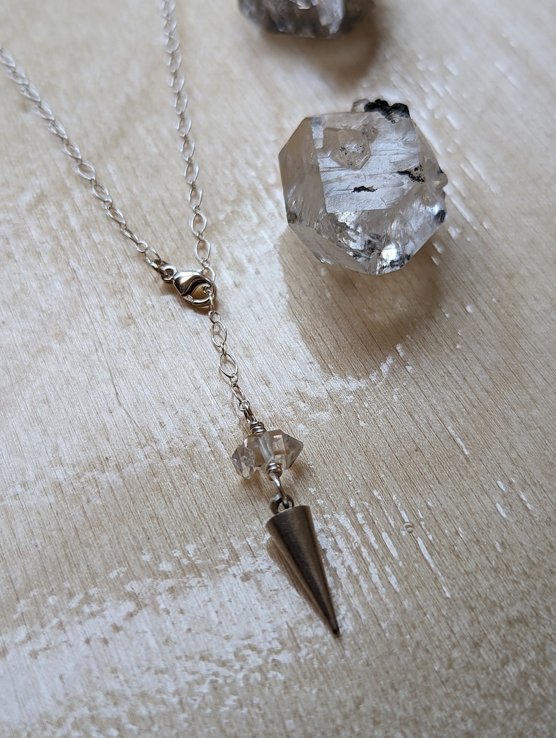 Divination on the go SILVER stainless steel pendulum necklace with Herkimer diamond image 2