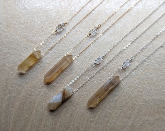 Double terminated golden quartz crystal necklace with large herkimer diamond detail on sterling silver or gold filled chain QP01