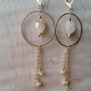 Golden rutilated quartz and brass statement earrings with chain fringe image 2