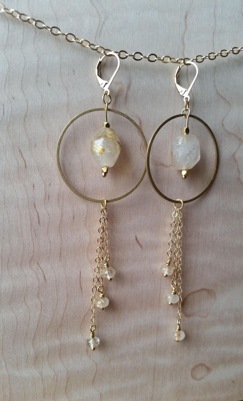 Golden rutilated quartz and brass statement earrings with chain fringe image 2