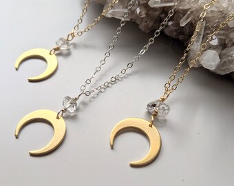 Collana a mezzaluna con diamanti Herkimer su catena in oro o argento - astrologia stregata con fasi lunari celesti NBH001