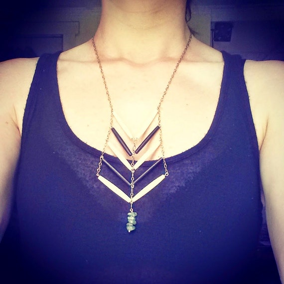Porcupine quill and jade chevron necklace on antique brass