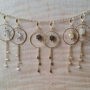 Golden rutilated quartz and brass statement earrings with chain fringe image 4