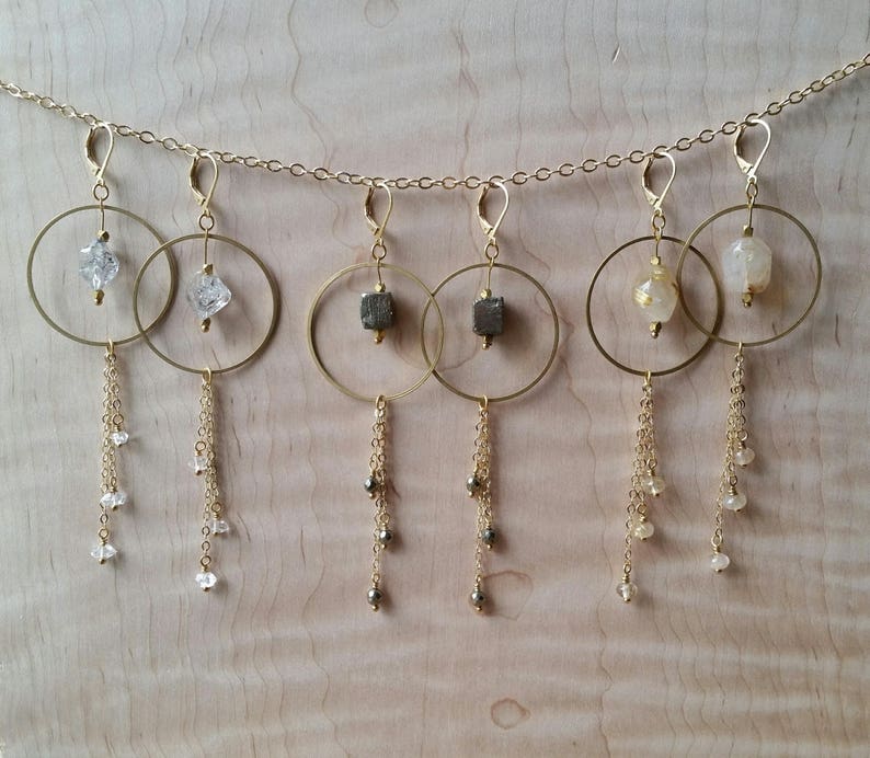 Golden rutilated quartz and brass statement earrings with chain fringe image 4