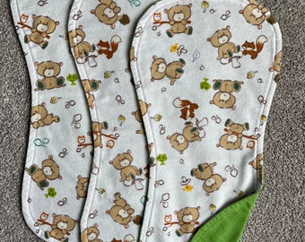 Woodland animal burpcloths, Set of 2 unisex burpcloths, woodland burpcloths, Bears and mushrooms burp cloth set