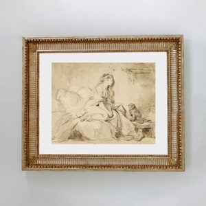 Woman and Dog Antique Painting Print | Portrait Print | Dark Academia Art | Moody Painting | DIGITAL DOWNLOAD