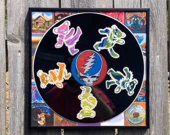 Grateful Dead art "Dead Head Bear" Band Logo Acrylic Pour Silhouette Painting on an upcycled vinyl record with a resin finish and framed