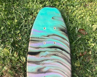 Mini Longboard Deck with Acrylic Pour Art using metallic paint wood surface