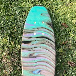 Mini Longboard Deck with Acrylic Pour Art using metallic paint wood surface