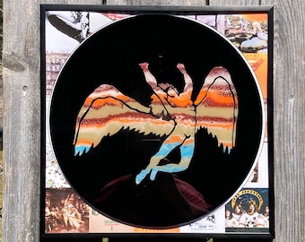 Led Zeppelin art poster &quot;Falling Angel&quot; Acrylic Pour / Silhouette Painting on an upcycled vinyl record with a resin finish and framed