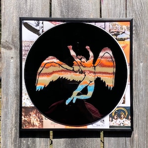 Led Zeppelin art poster &quot;Falling Angel&quot; Acrylic Pour / Silhouette Painting on an upcycled vinyl record with a resin finish and framed