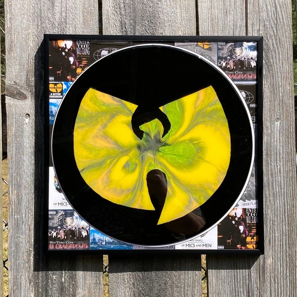 Wu-Tang Clan art poster "Enter the Wu-Tang" Acrylic Pour / Silhouette Painting on an upcycled vinyl record with a resin finish and framed