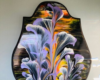 Floral Acrylic Pour Painting on an upcycled wood trophy plaque with metallic paint unframed artwork
