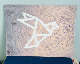 Polygon Bird Acrylic Pour Painting with glow in the dark white bird on a small canvas board